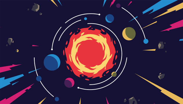 Cosmic space illustration featuring multiple colorful planets orbiting a giant blazing sun amidst floating meteorites.