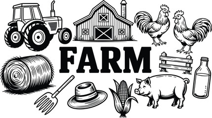 Farm vector elements set with tractor barn animals rooster pig corn and hay bale isolated © MdDulal