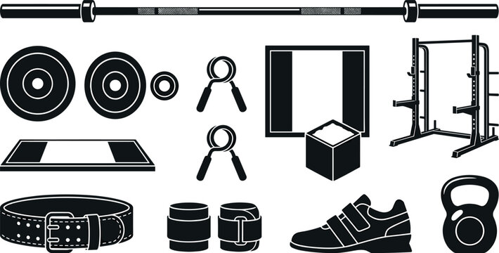 Powerlifting Weightlifting Gym Strength Training Equipment and Fitness Workout Gear Outline Vector Icon Set