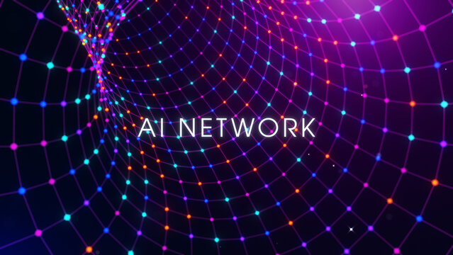 Abstract futuristic 3D wireframe wormhole featuring the AI NETWORK title, glowing purple, blue, orange particle connections, representing artificial intelligence, digital infrastructure, technology.
