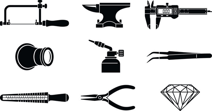 Jewelry Making Craft Tools Gemstone Settings and Goldsmith Workshop Bench Equipment Vector Icon Set