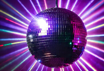 Obraz premium Shiny disco ball with colorful light rays indoors