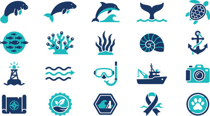 Professional set of blue and teal vector icons depicting various marine life and nautical themes © Septarim