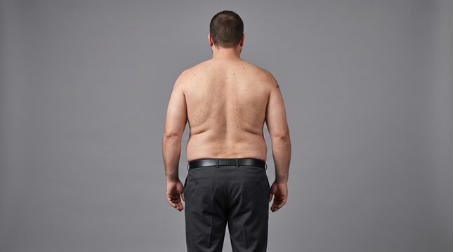 Rear view of shirtless man with bare back standing against grey wall shirtless physical standing muscular shoulders