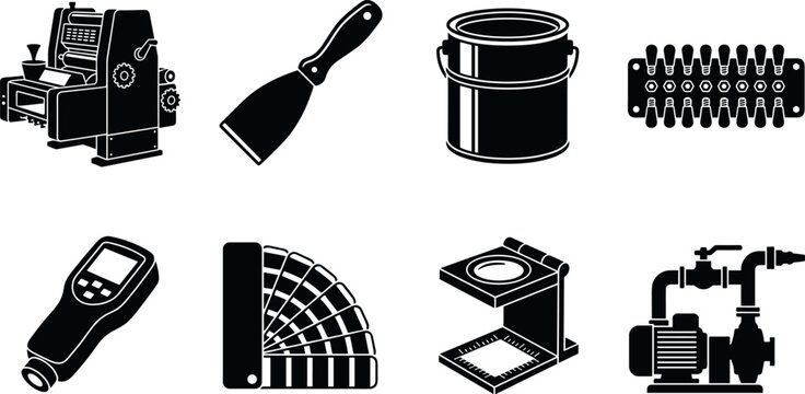 Commercial Offset Printing Industry Machinery and Color Management Quality Control Tools Vector Icon Set