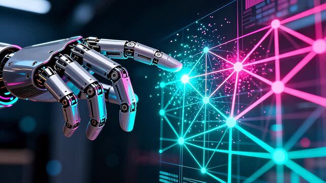 Robot hand interacting with digital network