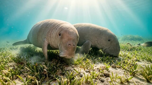 two dugongs in indo pacific seagrass meadow underwater close up at morning light video