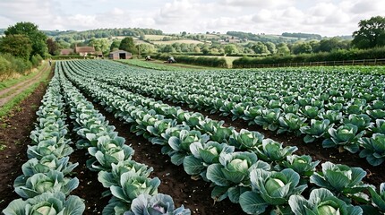 Fototapeta premium Rows of fresh green cabbage plants in fertile farm field under blue sky with white clouds, scenic rural landscape.