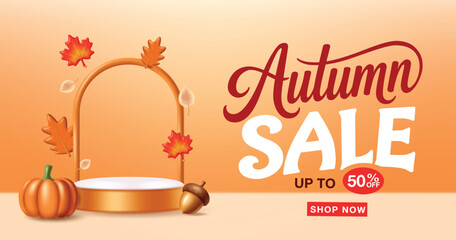 Autumn Sale Banner Vector Illustration With Product Display Podium Arch Pumpkin Leaves And Acorn © Hezekiah