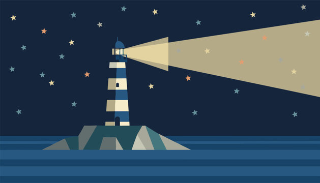Classic striped lighthouse on a small rocky island casting a bright beam of yellow light into the starry night sky over the ocean.