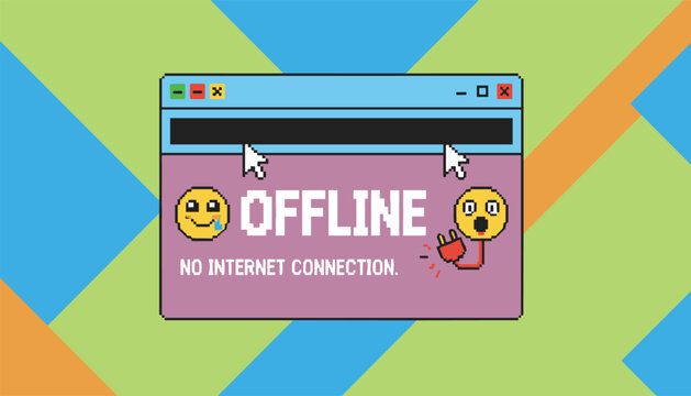 Pixel art web browser window showing offline message and unplugged emoji on a colorful abstract geometric background.