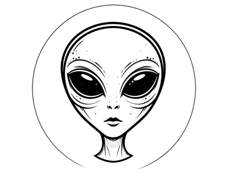 A sleek line art drawing of an extraterrestrial alien head with large dark eyes framed inside a minimalist circle
