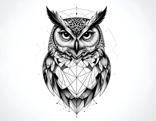A majestic owl head surrounded by intricate geometric shapes and sacred geometry lines in black ink artwork