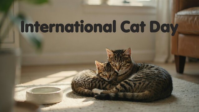 Cute tabby cat resting at home on International Cat Day
