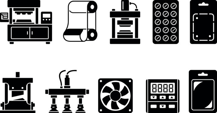 Industrial Plastic Thermoforming Vacuum Machine and Blister Packaging Manufacturing Equipment Vector Icon Set