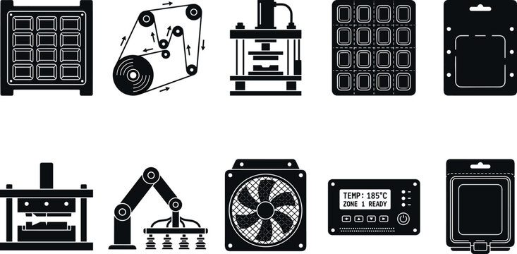Automated Vacuum Thermoforming Machine and Plastic Blister Packaging Production Hardware Vector Icon Set