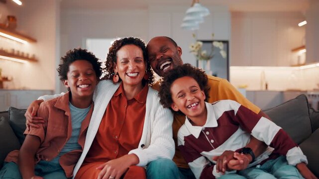 Face, happy and family together with laugh, love and care in relationship on home sofa. Parents, sibling children or african people hug on couch for safety, security or bonding in living room