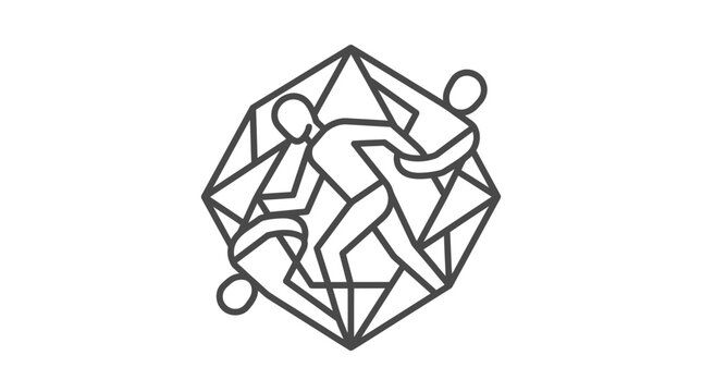 Corporate Modern Abstract Line Art of Three Business People Collaborating Inside a Geometric Hexagonal Shape