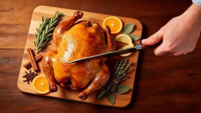 Roasted chicken on wooden cutting board