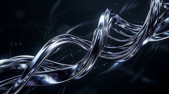 Shiny metallic ribbons twisted and turned in a mesmerizing pattern on white background