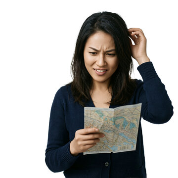 Woman map navigation isolated on a transparent background showing an Asian woman looking confused while holding a paper map for travel planning