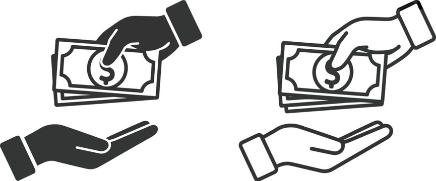 Money exchange icons with hands giving and receiving cash for payment, salary, finance, and transaction design
