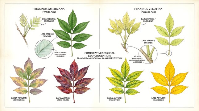 Comparative illustration of Fraxinus Americana and Fraxinus Velutina leaves in different seasons on white background