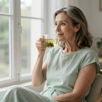 Healthy 45 Year Old Woman Drinking Herbal Tea by Window at Home