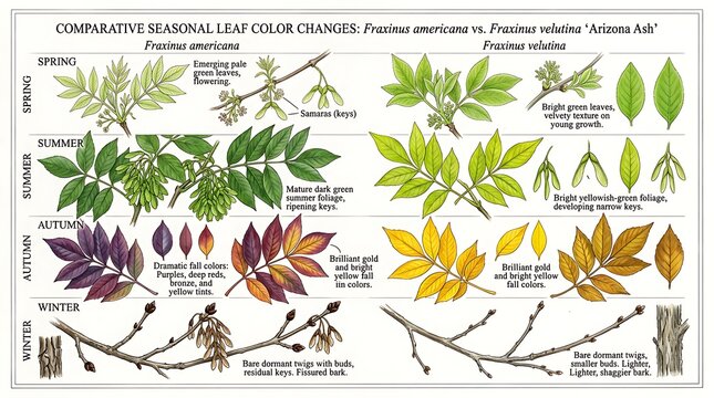 Comparative seasonal leaf color changes of Fraxinus americana and Fraxinus velutina Arizona Ash trees on white background
