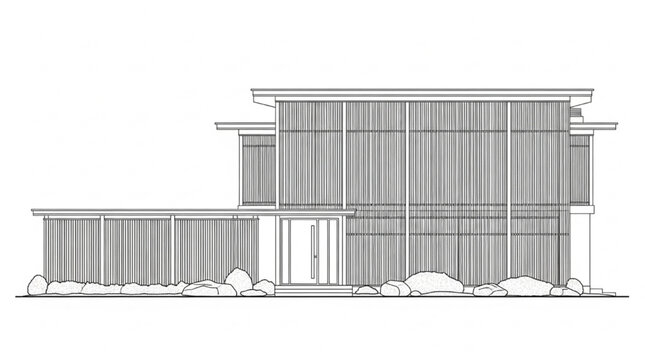 Modern Residential House Elevation CAD Facade Contemporary Minimalist Blueprint Vector Asset