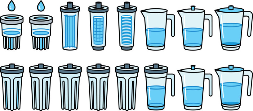 Water filter cartridge and purification pitcher vector icon set for clean healthy drinking liquid processing concept