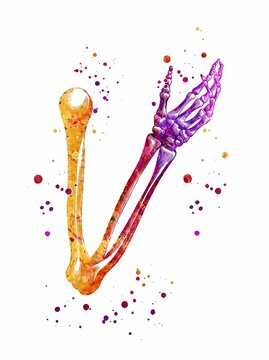 Colorful watercolor illustration of human forearm anatomy showing radius and ulna bones with hand and fingers in vibrant orange and purple splatter style on white.