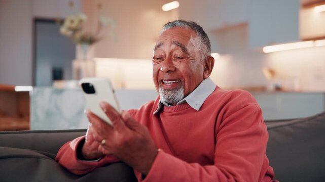Laugh, phone and old man on couch with texting, online communication and comic post on social media. Happy, scroll and senior person in house with tech, funny message or meme reaction on digital app.