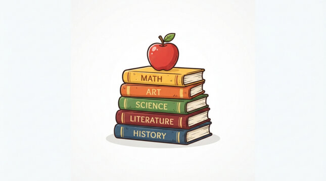 Stack of colorful books with apple on top, education icons, school supplies, learning materials