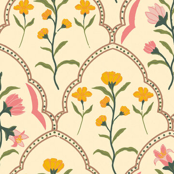 Indian mughal arch lattice seamless pattern with ethnic yellow and pink flowers on cream background