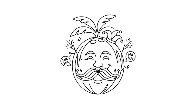 Funny Coconut Character with Mustache and Jester Hat, Laughing