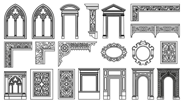 Architectural Gothic Window Door Frame Border Ornament CAD Elements Collection Set