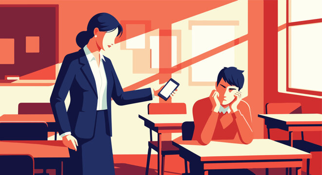 Teacher confiscates phone from bored student in classroom