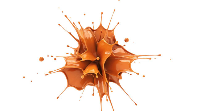 A dynamic explosion of thick caramel liquid splashing outwards in all directions against a solid black background, capturing fluid motion