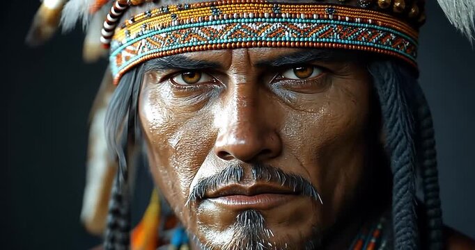 Man tribal headdress portrait serious expression detailed skin texture