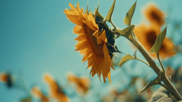 Horizontal 16:9 video of vibrant yellow sunflowers gently swaying in the breeze on a sunny day. Cinematic nature footage of an agricultural sunflower field under a clear blue sky, 4k.