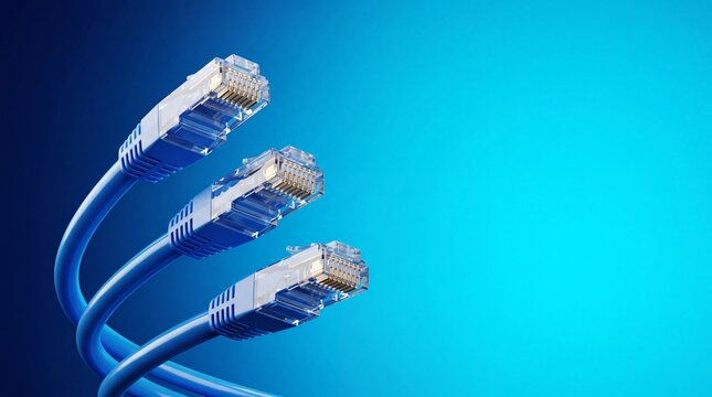 Three blue ethernet network cables arranged diagonally against a smooth gradient background representing high speed digital connectivity solutions