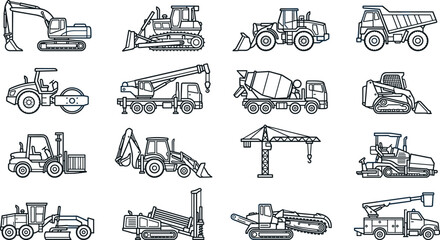 Construction Heavy Equipment Collection with Excavator, Bulldozer, Loader, Dump Truck, Crane, Concrete Mixer and Industrial Vehicle Outline Vector Set © MstSuborna