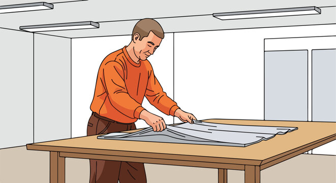 Person folding a large sheet of gray material on a wooden table