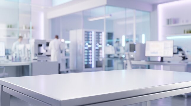 Empty white table in blurred modern scientific laboratory background