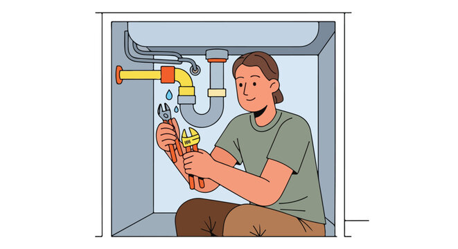 Person fixing leaking pipes under sink