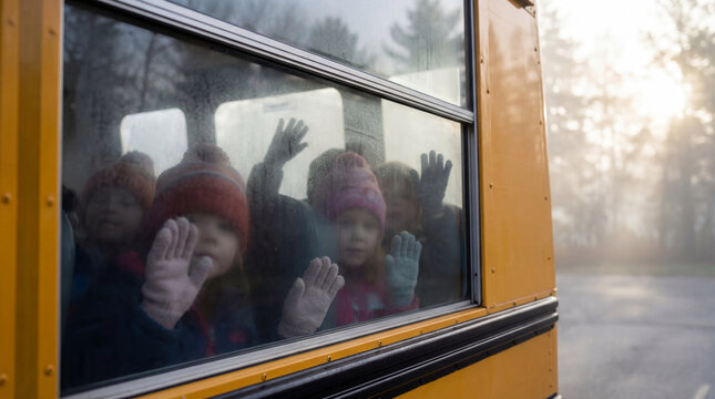 Children press hands on school bus window in winter morning light for field trip departure childhood travel safety education transportation farewell moment foggy glass cold weather commute