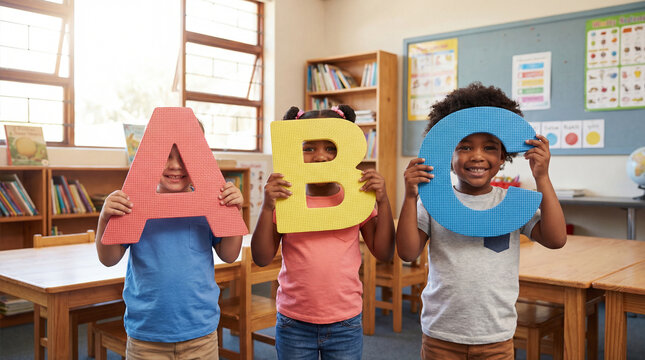 Children hold giant colorful ABC letters in bright classroom for early literacy preschool learning alphabet lesson friendship diversity playful education cheerful school portrait fun