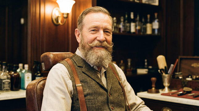 Smiling mature barber with styled mustache beard sits in classic grooming studio for professional portrait old fashioned service heritage mens care atmosphere warm heritage barbershop