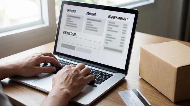 Hands type on laptop during online checkout beside package credit card for ecommerce payment shipping order summary small business purchase delivery workflow home office retail concept